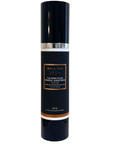 A tall black cylindrical bottle of Bella Vea Calming Plum Mineral Sunscreen SPF 50, featuring a shiny black cap, a silver metallic band, and a black label with gold and white text, set against a plain white background.