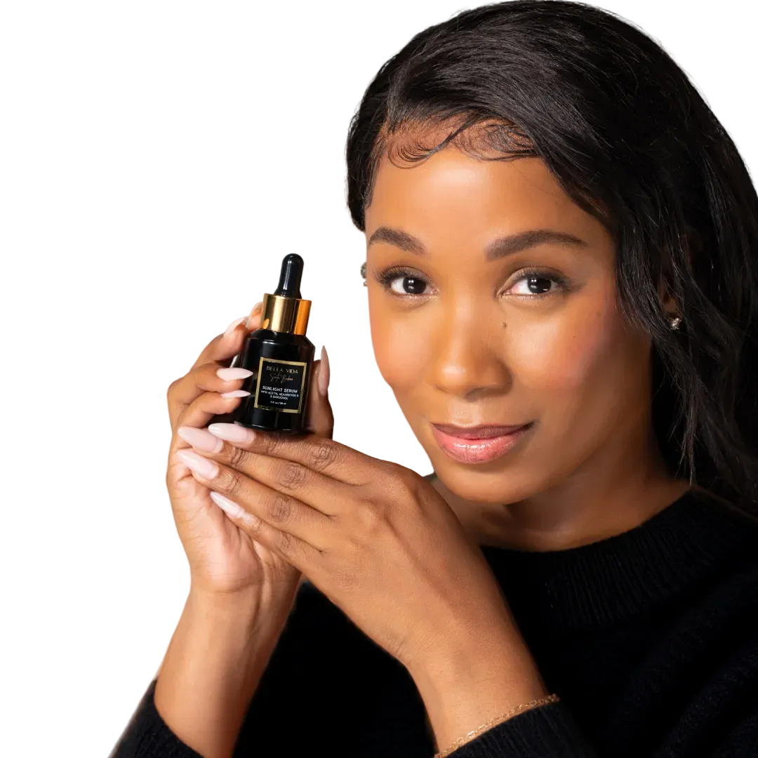 Woman holding a skincare dropper bottle against a neutral background