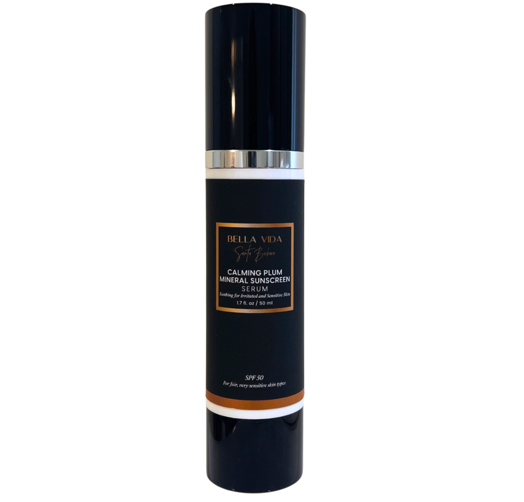 A tall black cylindrical bottle of Bella Vea Calming Plum Mineral Sunscreen SPF 50, featuring a shiny black cap, a silver metallic band, and a black label with gold and white text, set against a plain white background.
