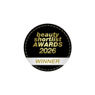 Badge for 'beauty shortlist AWARDS 2026 WINNER' with gold text on a black and white background