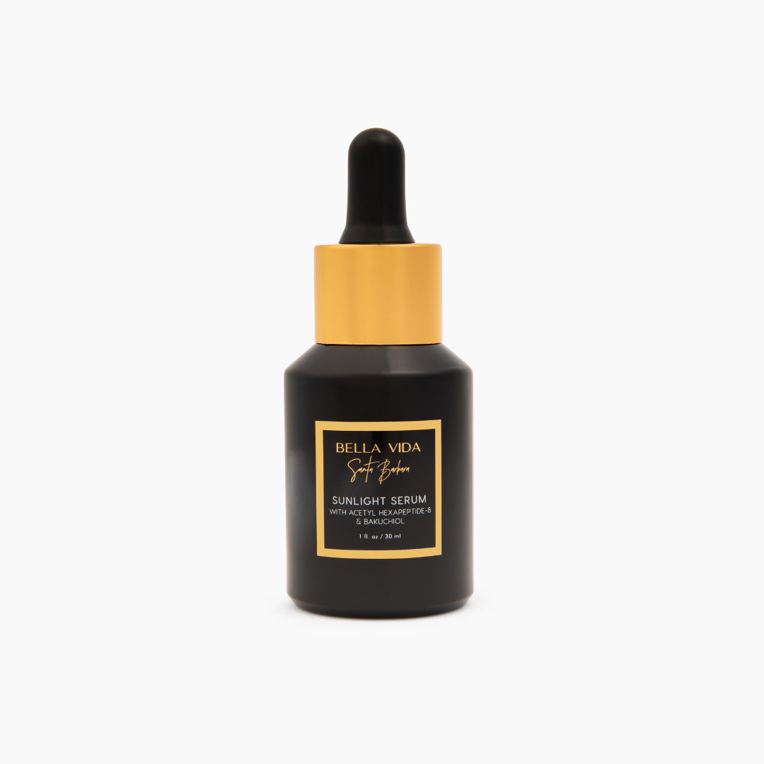 Bella Vida Sunlight Serum bottle with dropper on a white background. Sunlight Serum Botox Alternative without injections. Reduces wrinkles, brightens and smooths skin, hydrates, increases collagen