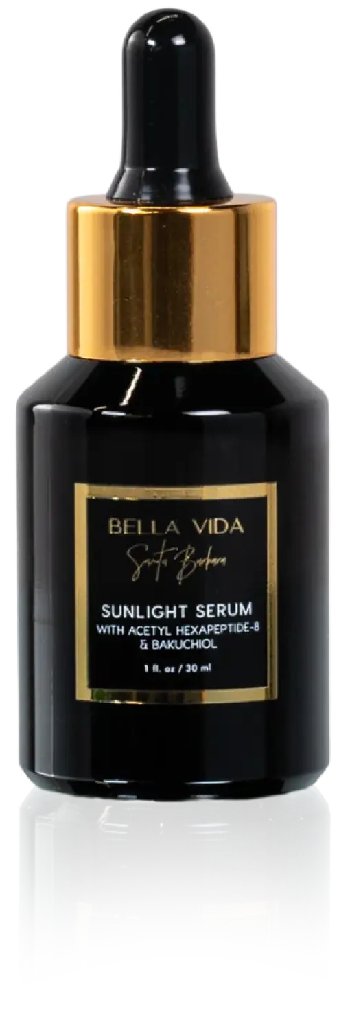 Bella Vida Sunlight Serum bottle with gold cap on a white background