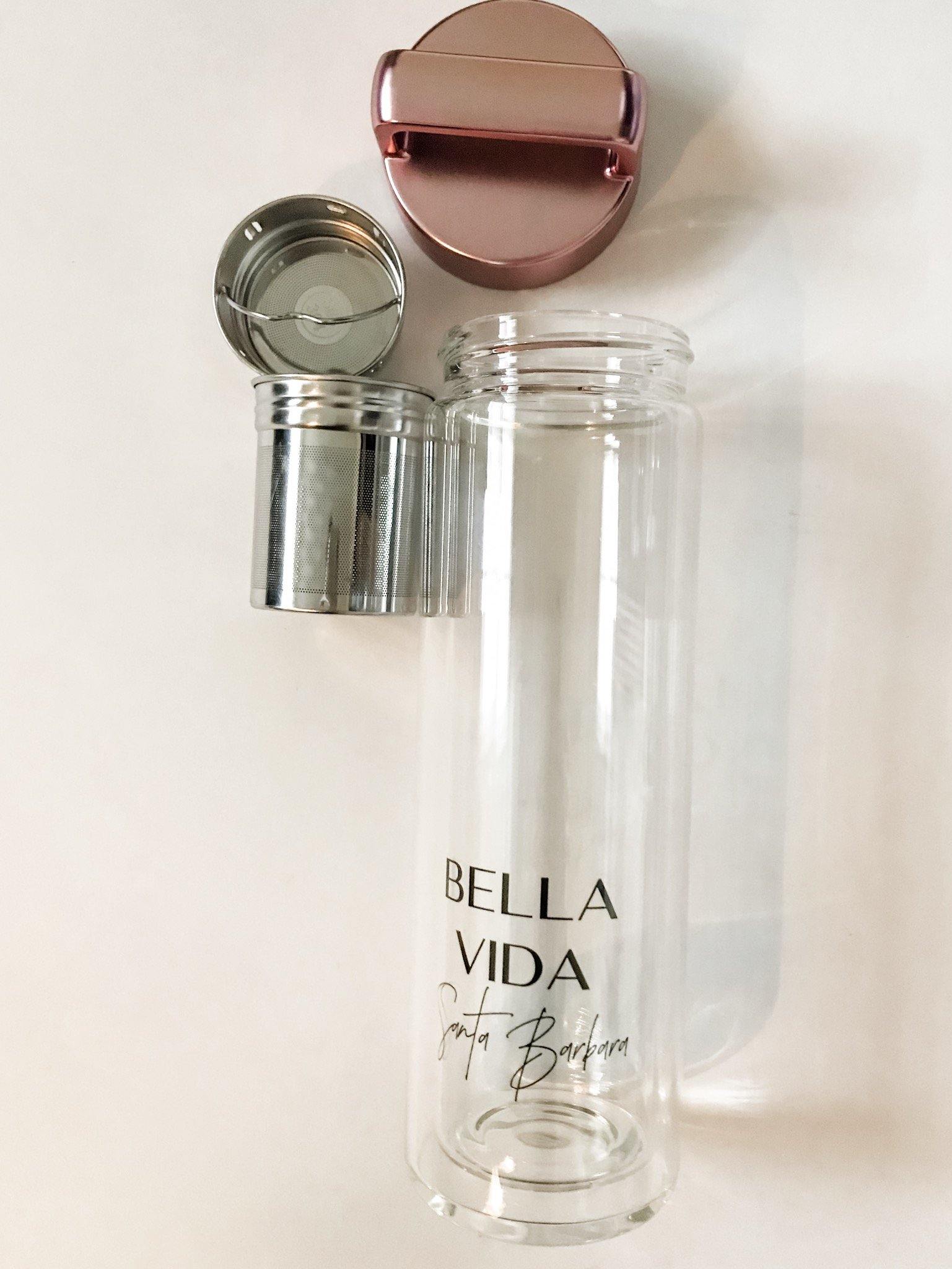 Bella Vida Santa Barbara Glass Detox Water Bottles in Gold or Rose Pink with tea infuser Detoxify Zero Waste with pink lid